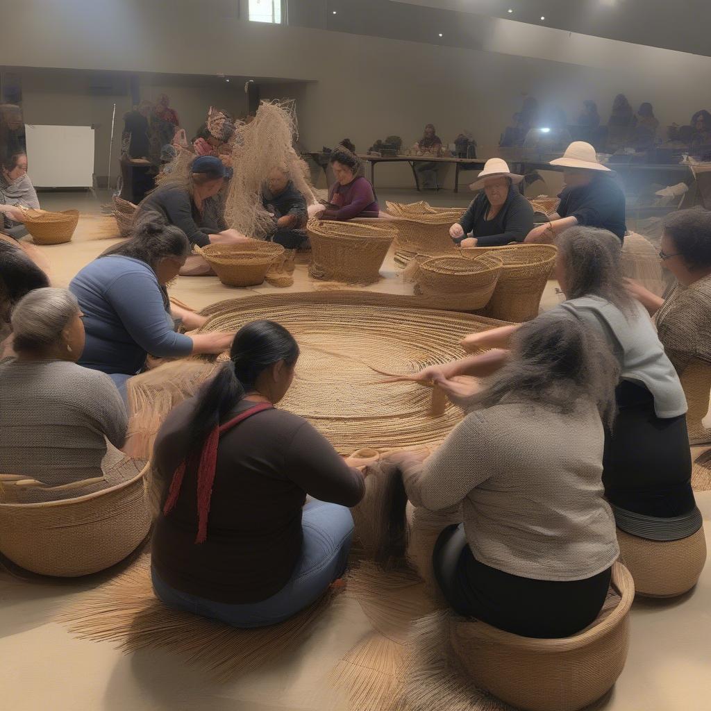 Participants engaged in a 2019 aboriginal basket weaving workshop