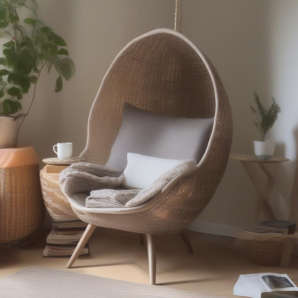 Accessorized Weave Egg Chair with Cushions and Throws