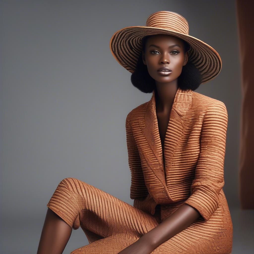 Model wearing an African basket weave hat in a fashion shoot, styled with a modern outfit.