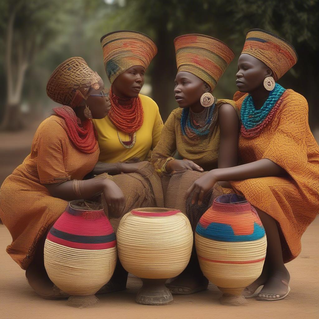 African women wearing traditional basket weave hats during a cultural ceremony.