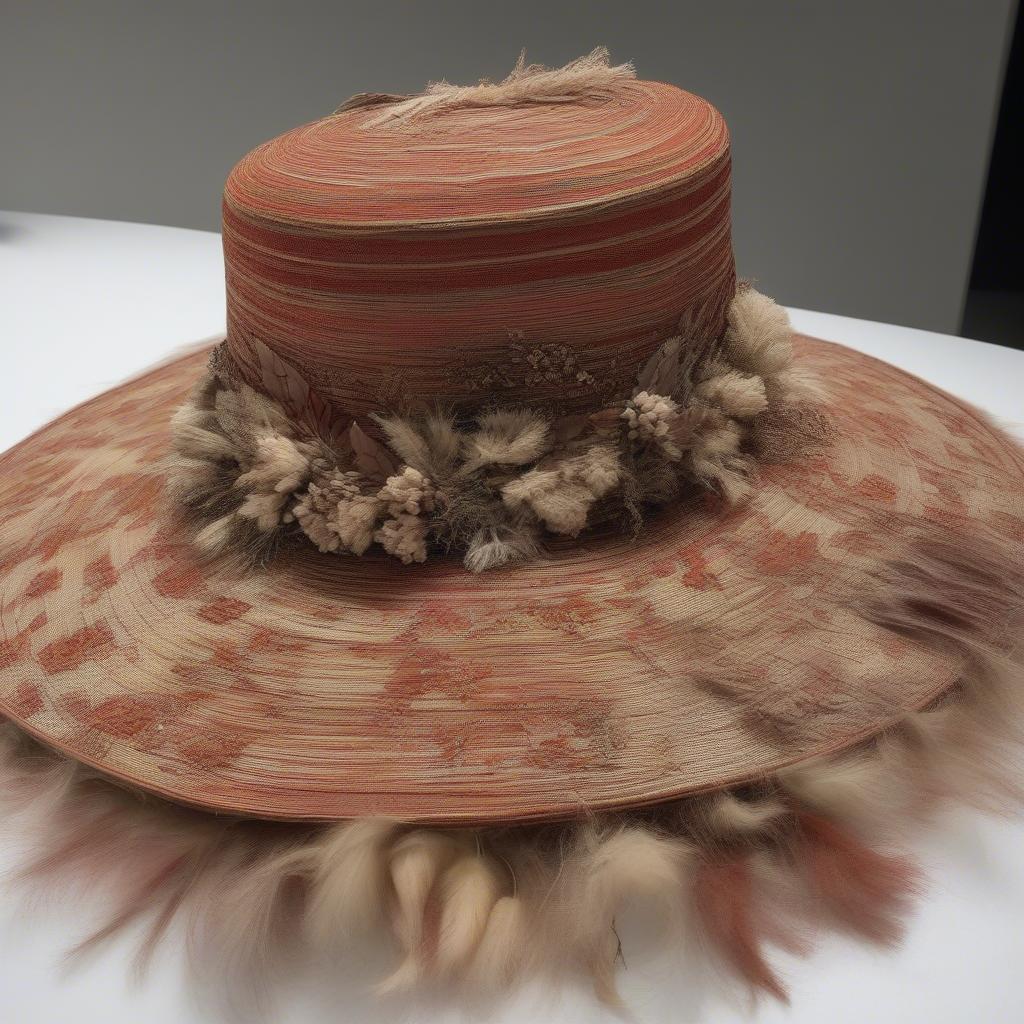 Close-up of the intricate details and natural flora incorporated into Alarcon's hat design