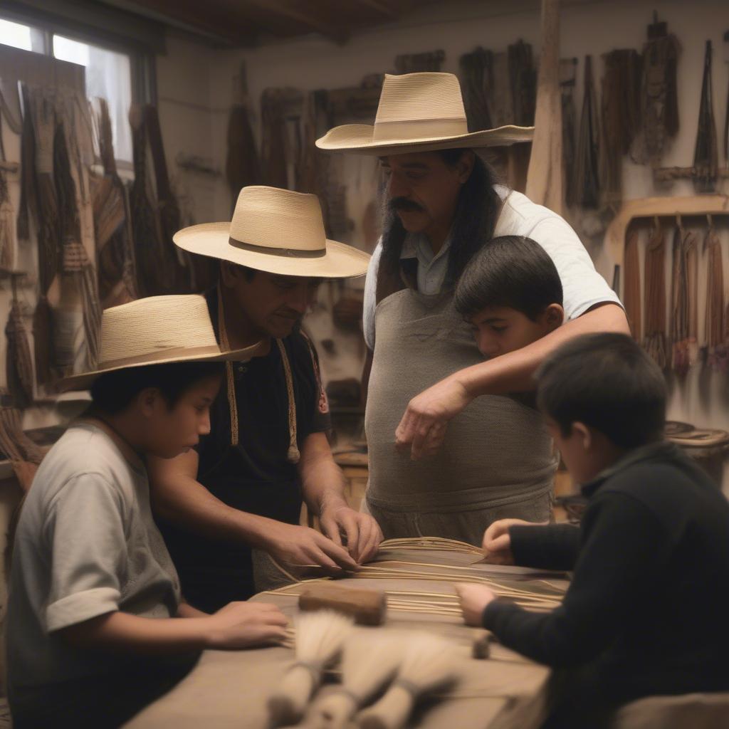 Alarcon teaching hat weaving techniques to young apprentices in his workshop