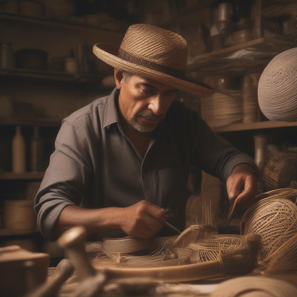 Alarcon weaving a hat using traditional techniques in his Pile village workshop