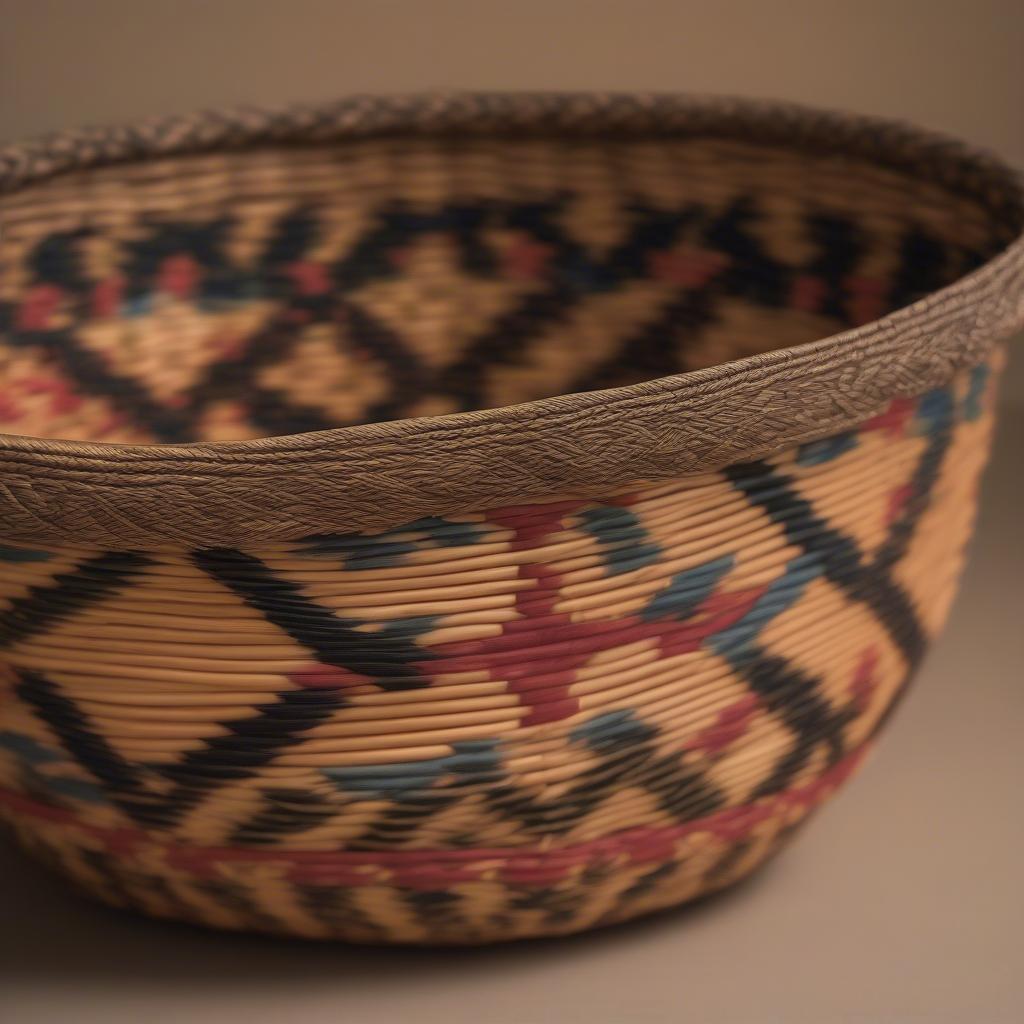 Close up of an antique basket showcasing the intricate diamond weave pattern