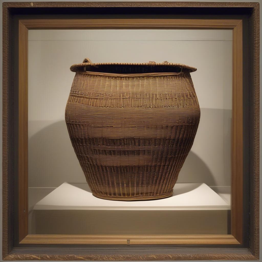 An antique expensive weave basket displayed in a museum, showcasing its historical and artistic value.