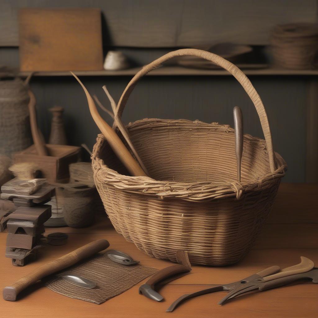 Antique Hampton weave basket, illustrating the historical context of the weaving technique.