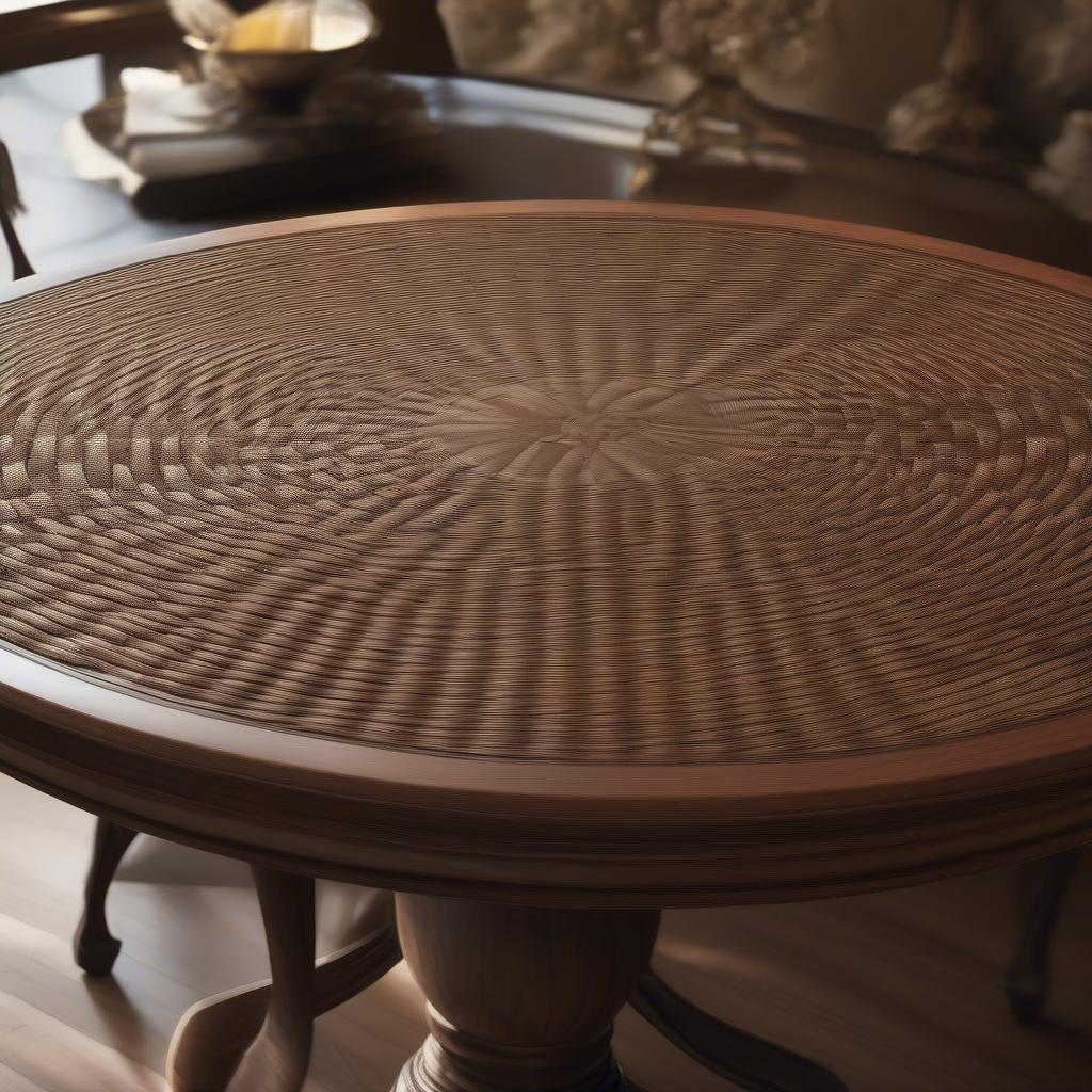 An antique weaved wicker table with intricate details and a vintage charm.