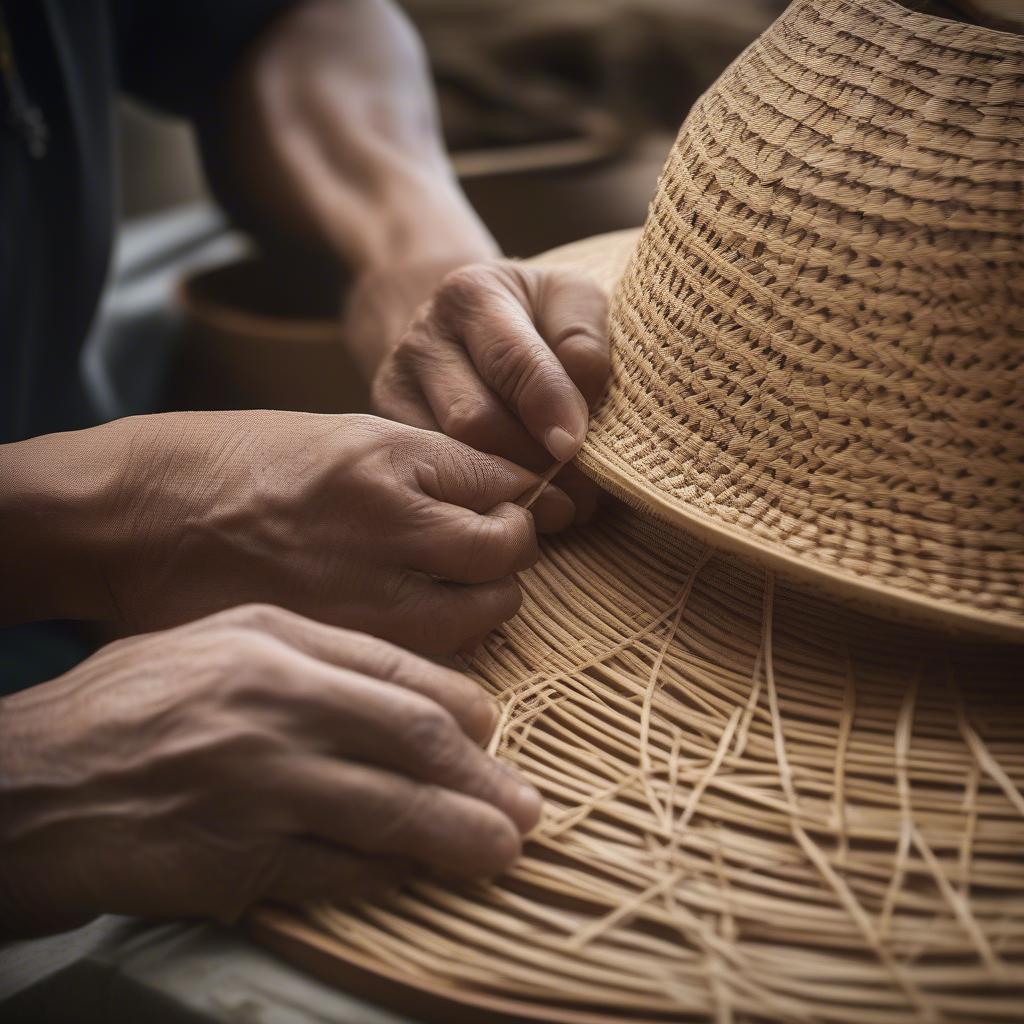 Artisan's hands skillfully weaving a straw hat using the cross weave technique