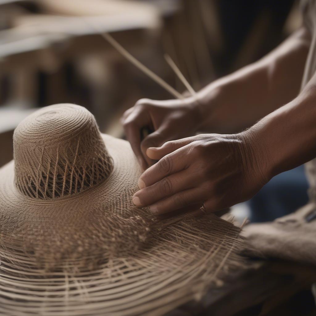 A skilled artisan meticulously weaving a hat.