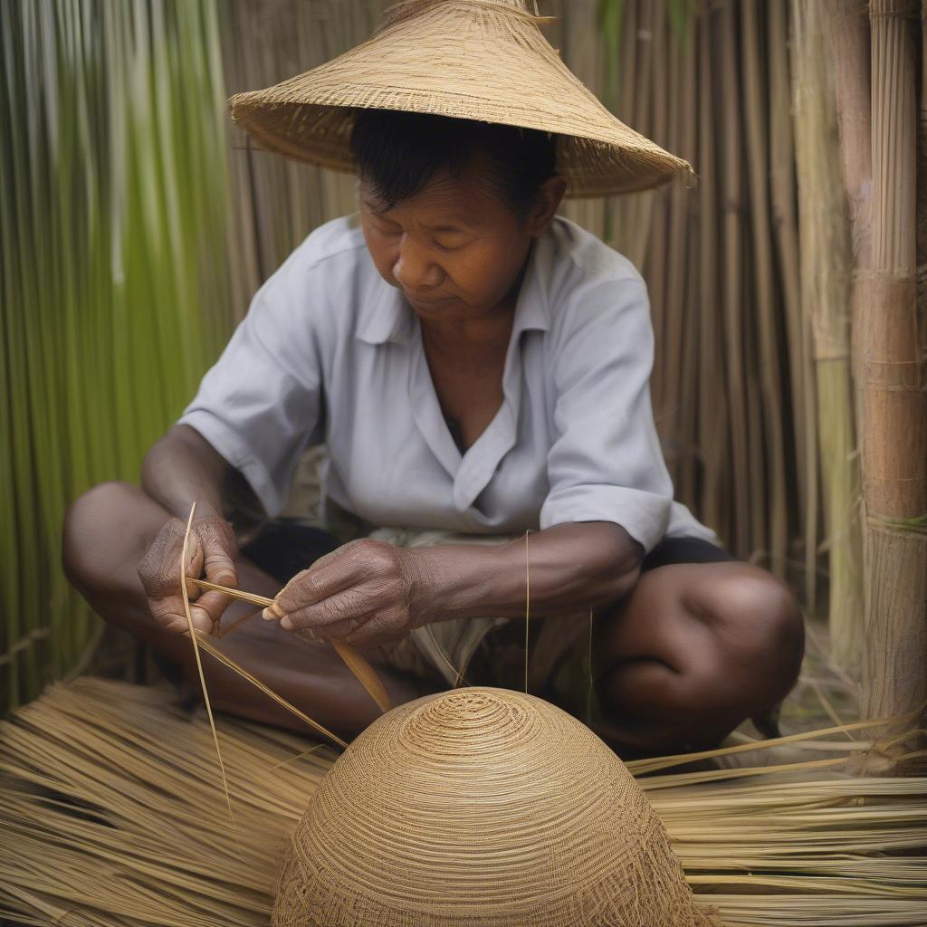 Artisan weaving a coconut weave hat using traditional techniques