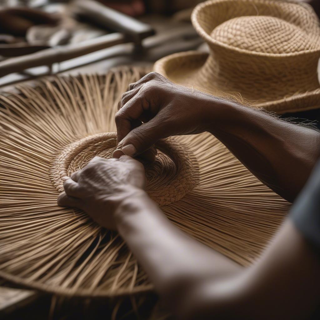 Artisan weaving a coconut palm leaf sun hat