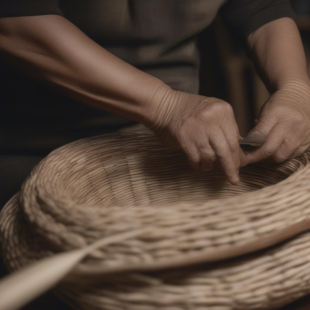 Close up of an artisan weaving a laurel hobo bag, demonstrating the traditional craftmanship.