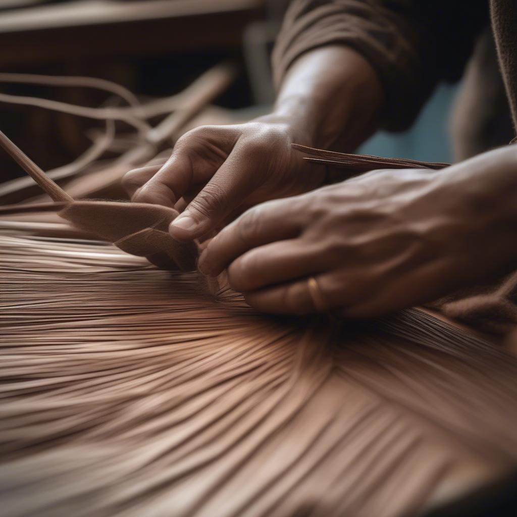 An artisan meticulously weaving leather strips together to create a woven leather bag, demonstrating the skill and precision involved in the process.