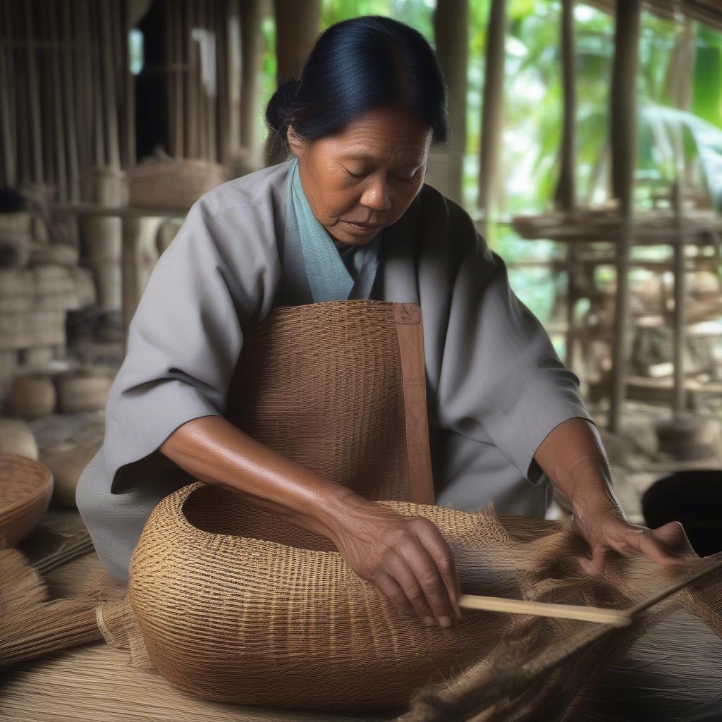 Artisan meticulously weaving a rattan bag, demonstrating traditional techniques.