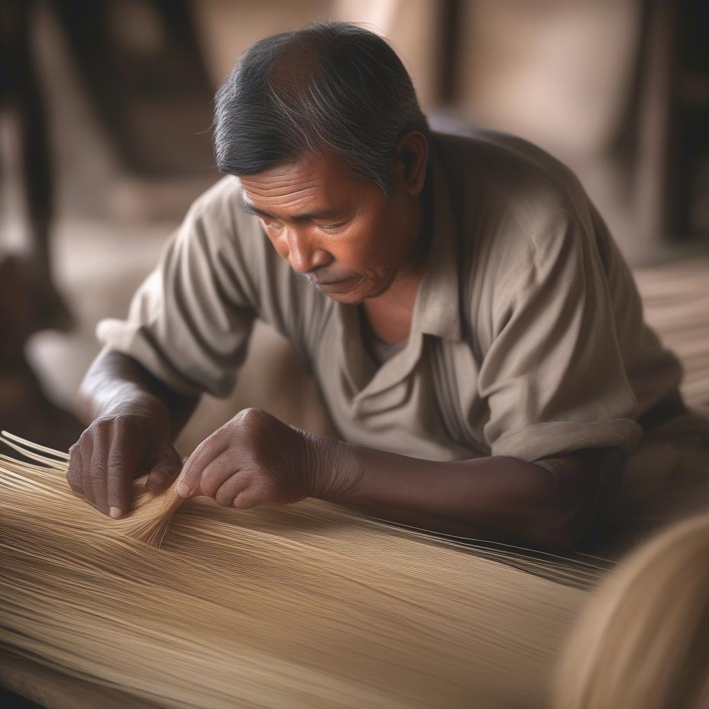 An artisan skillfully weaving a twister twisted straw hat, demonstrating the traditional hand-weaving techniques passed down through generations.