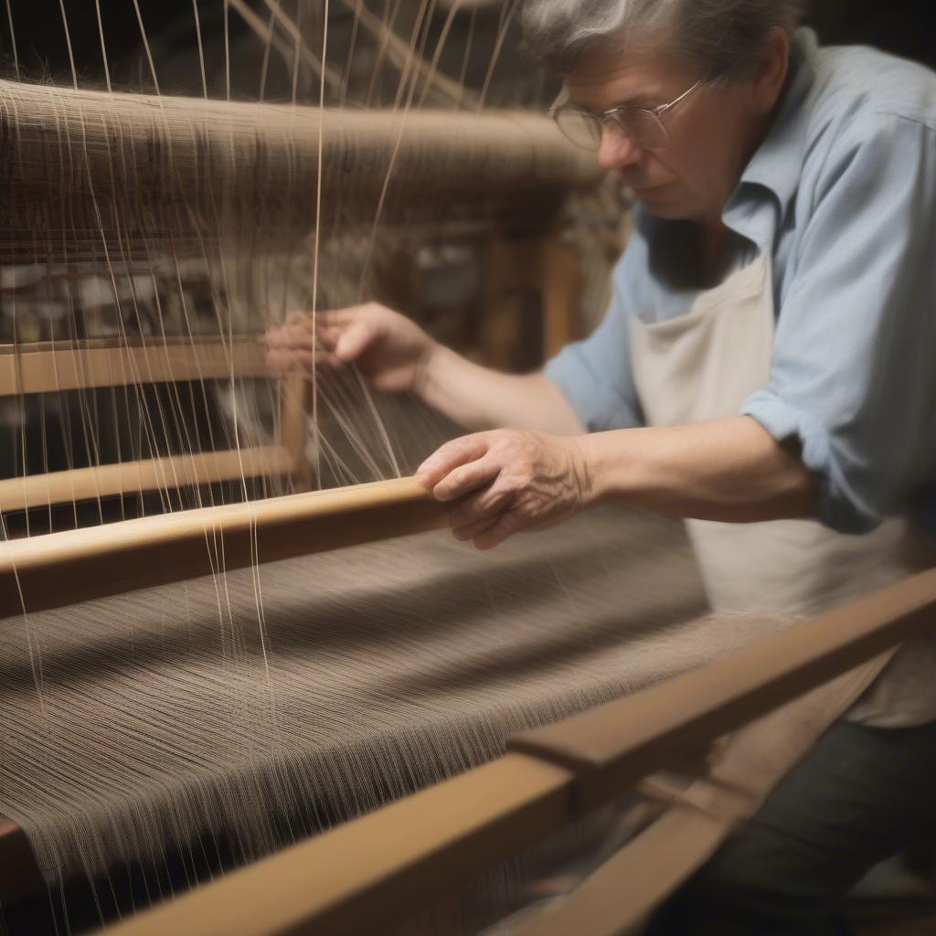 Inspecting a used weaving loom: Checking for warping, cracks, smooth ratchets and intact heddles.