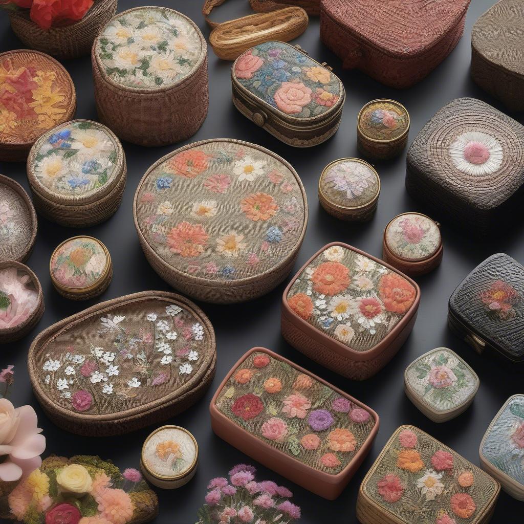 Variety of floral basket weave trinket boxes in different shapes and sizes.