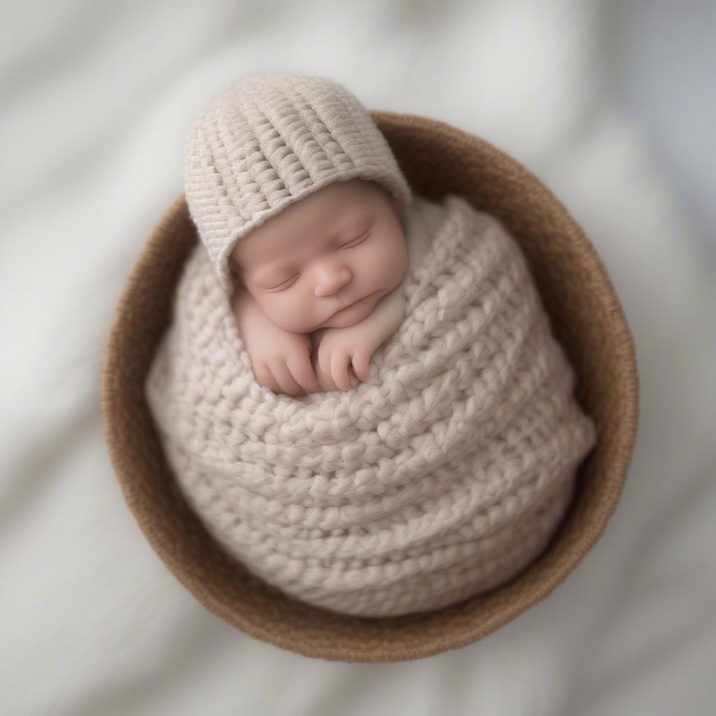 A baby wearing a basket weave crochet hat.