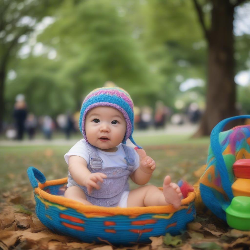 Baby wearing a basket weave hat outdoors