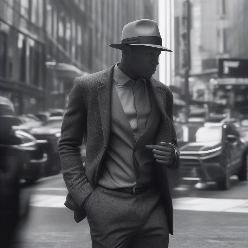 A person wearing a ballistic weave fedora in an urban environment