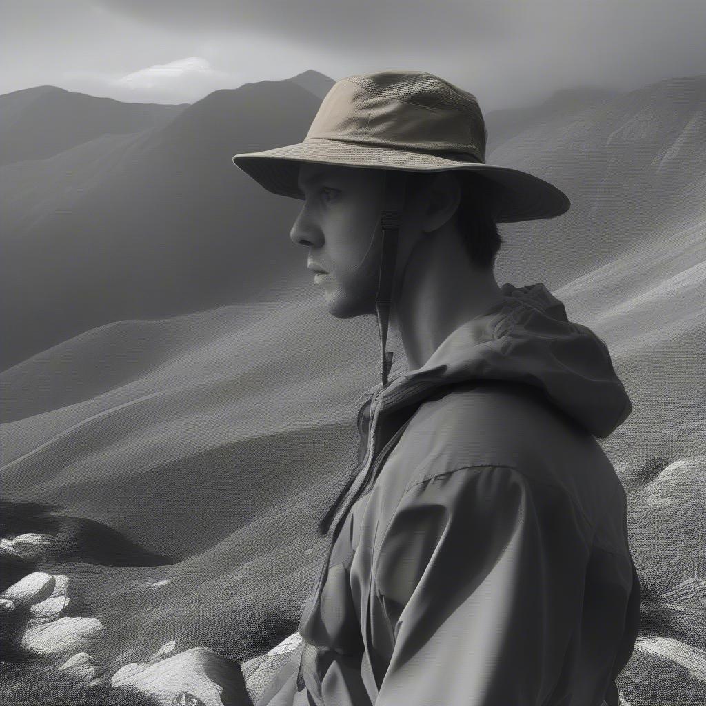 A person wearing a ballistic weave hat while hiking in a rugged mountainous terrain, demonstrating its practical use in outdoor activities.