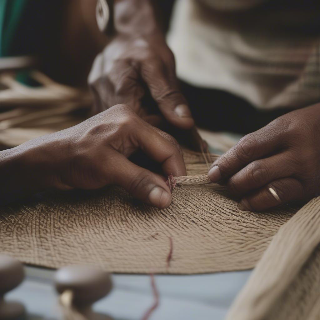 Bangladeshi artisan weaving a bag