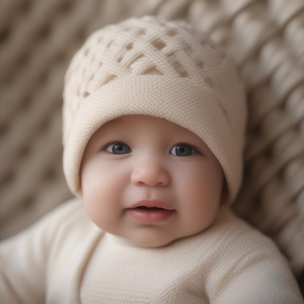 Close up of a baby wearing a basket weave hat