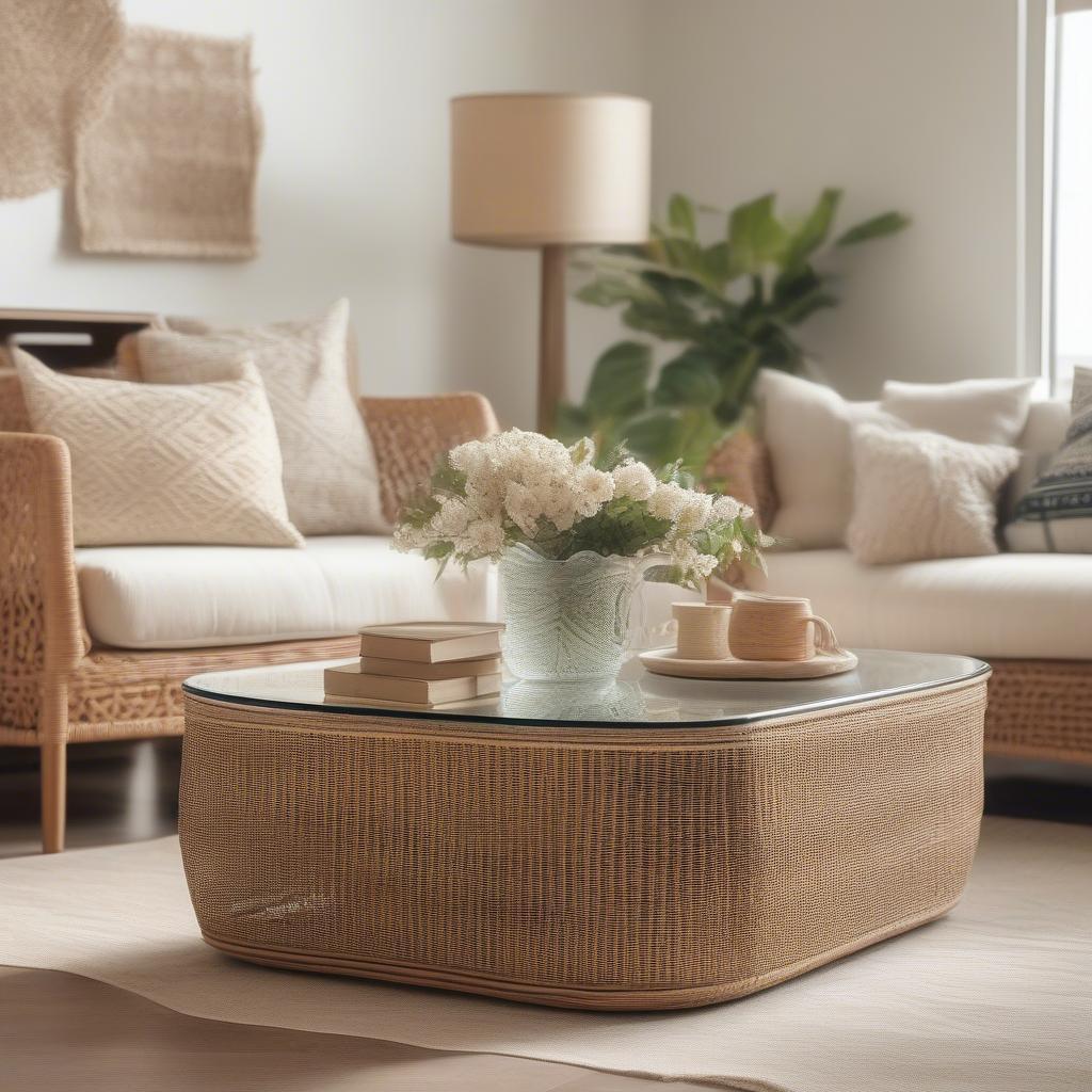 Basket weave coffee table in a cozy living room setting