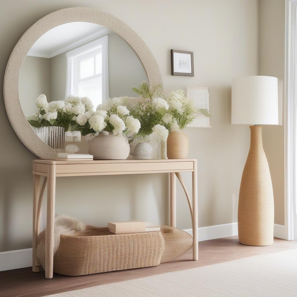 Basket weave console table styled in a modern entryway with a mirror and decorative accessories.