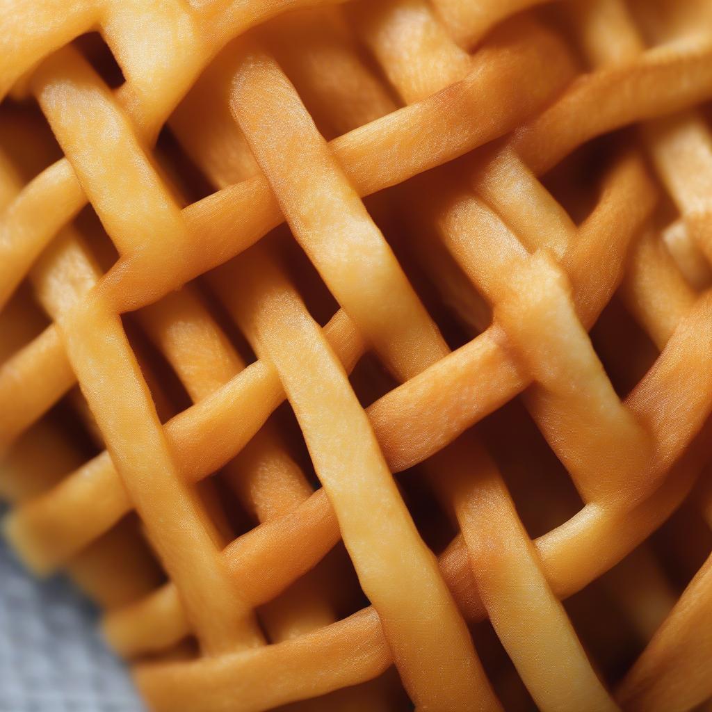 Close-up of golden brown basket weave fries showing the intricate woven pattern and crispy texture.