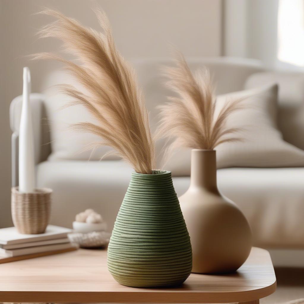 Basket weave green pottery adds a touch of nature-inspired charm to a modern living room.