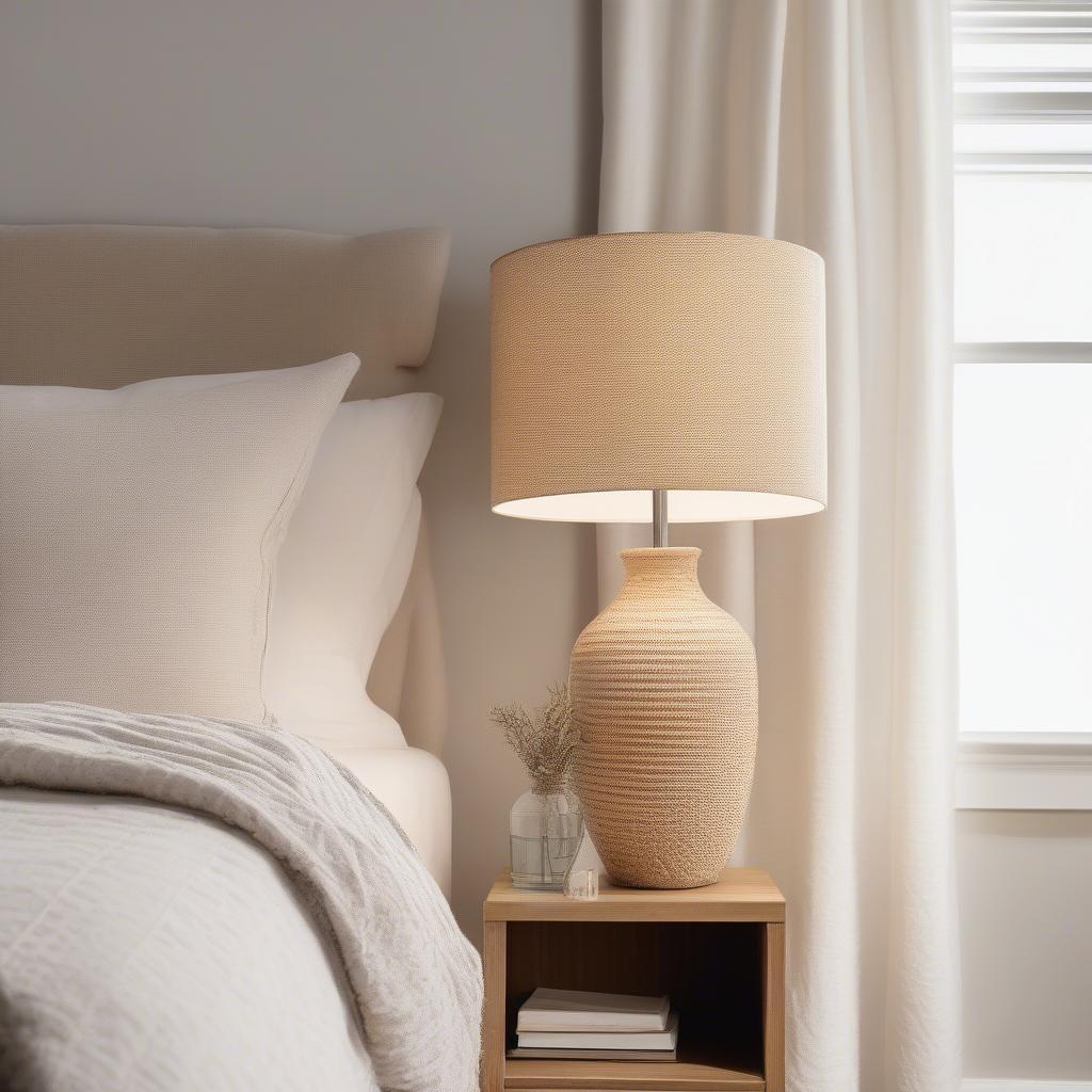 Basket weave table lamp on a bedside table in a bedroom