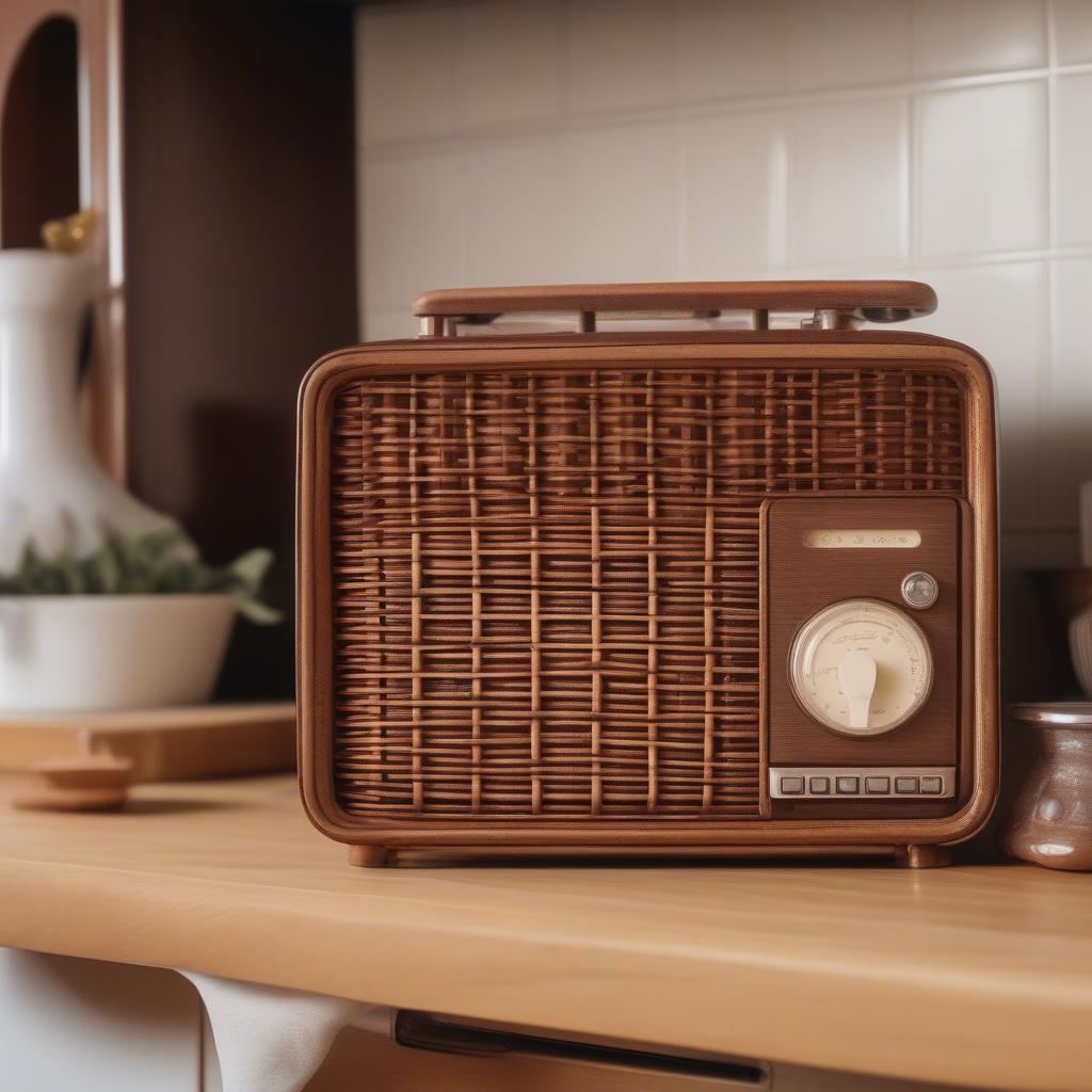 Basket weave radio holder on a kitchen counter