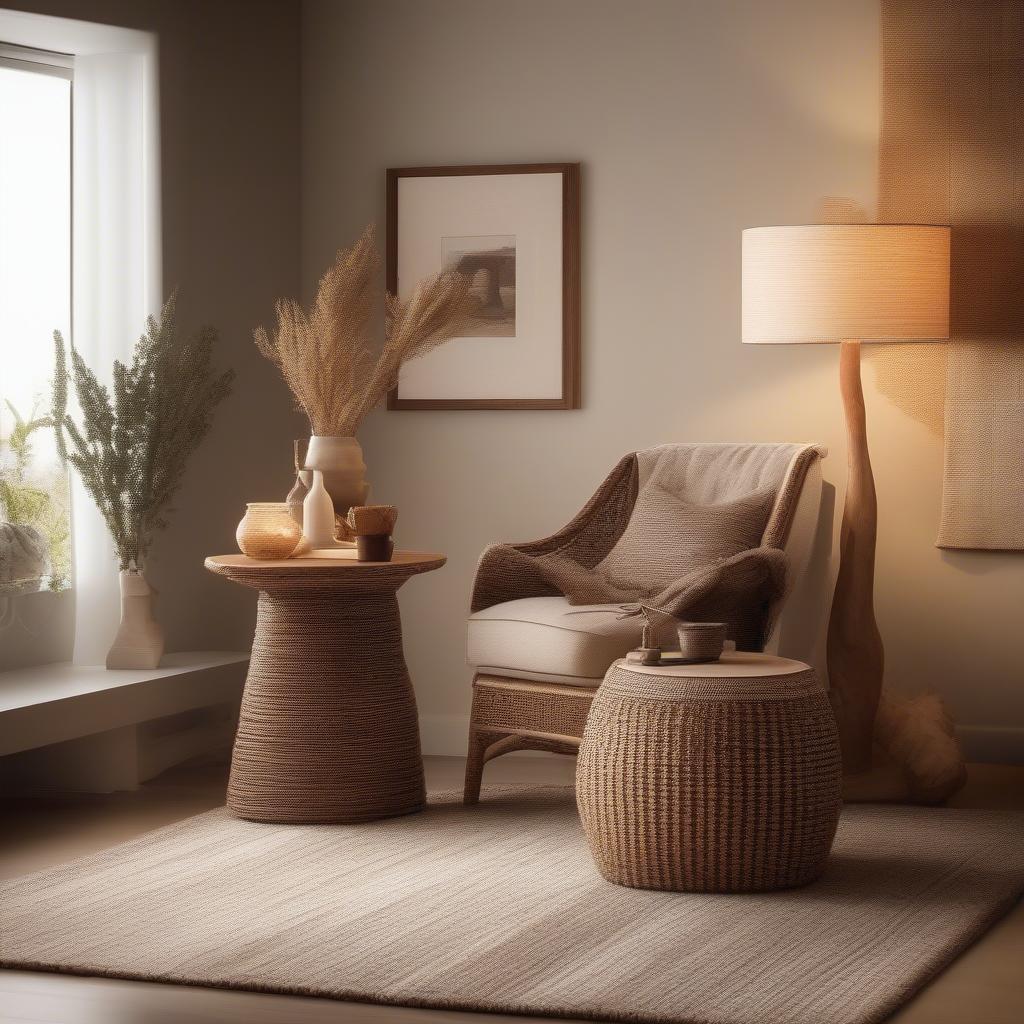 Basket weave side table in a living room setting