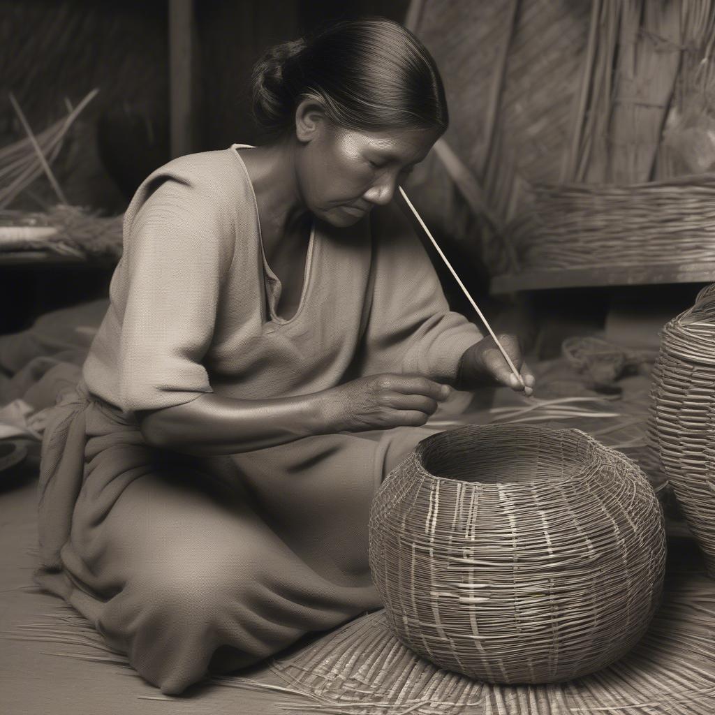 Basket weaver skillfully creating a basket using traditional techniques