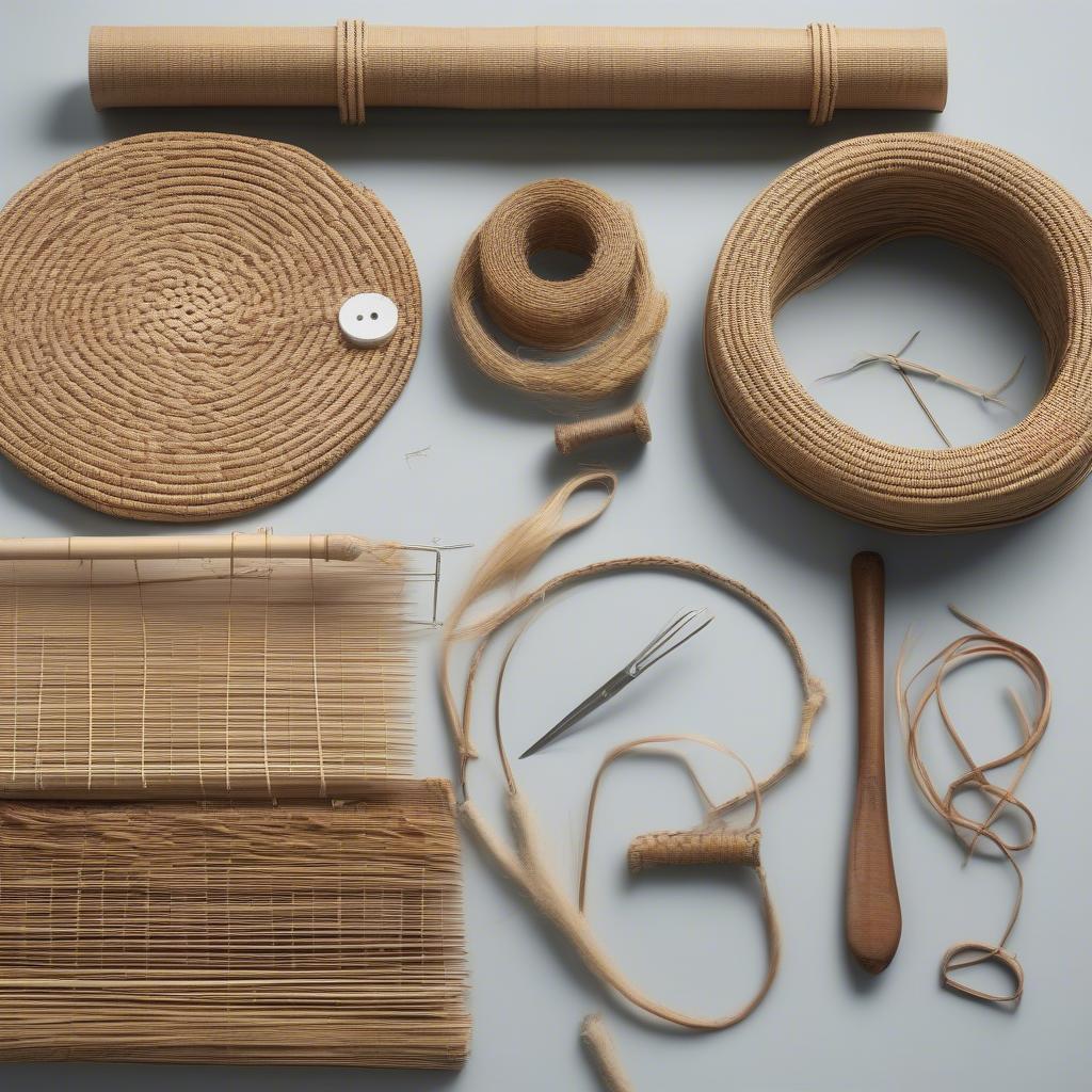 Basket Weaving Chair Seat Materials: A close-up view of various materials needed for weaving a chair seat, including rattan reeds, seagrass, binder cane, and tools like a fid and mallet.