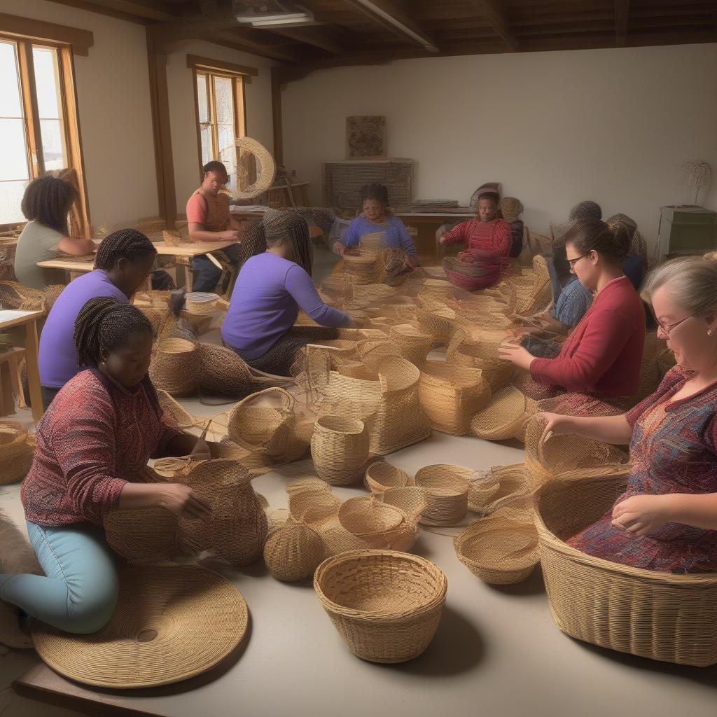 Students learning basket weaving techniques in a Lafayette, IN workshop