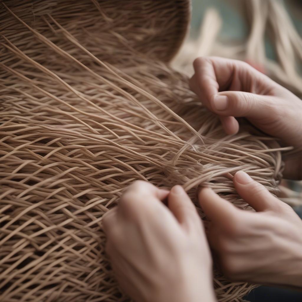 Close-up of Hands Weaving a Basket with Wicker