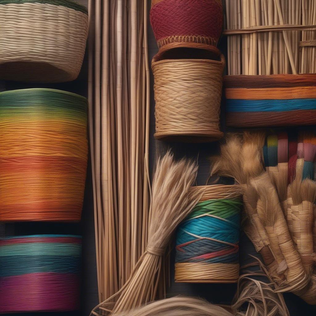 Basket weaving materials including rattan, wicker, and reed.