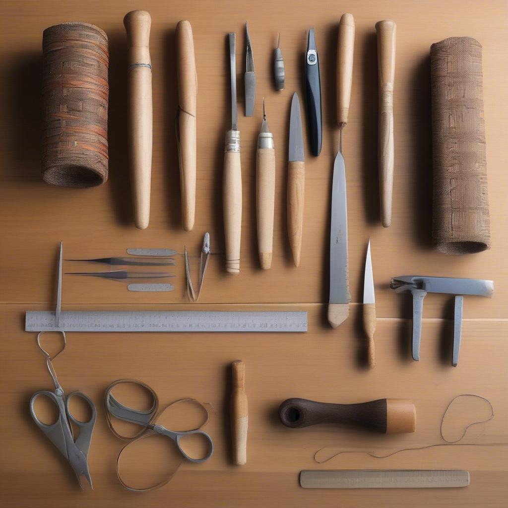 Essential basket weaving tools, including a knife, awl, and scissors.