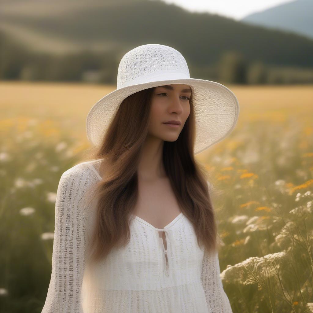 BCBG open weave bucket hat worn with a summer dress, showcasing its breathability and stylish design.