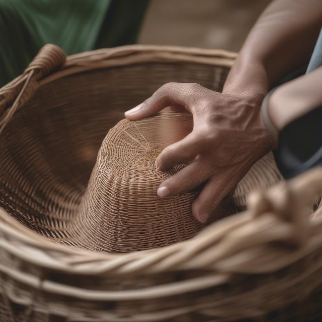 Close-up of hands weaving a basket with natural materials, highlighting the therapeutic and creative aspects of the craft.