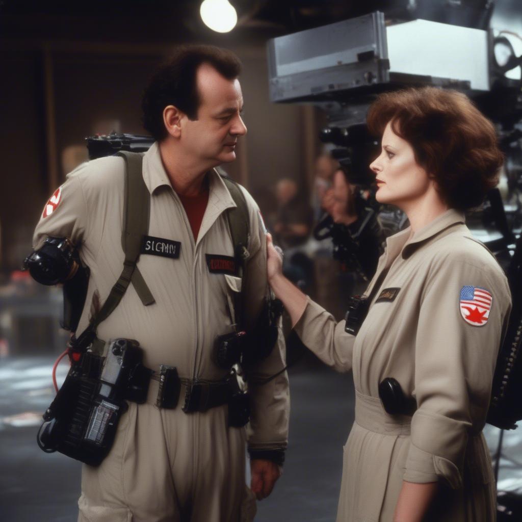 Bill Murray and Sigourney Weaver on the set of Ghostbusters