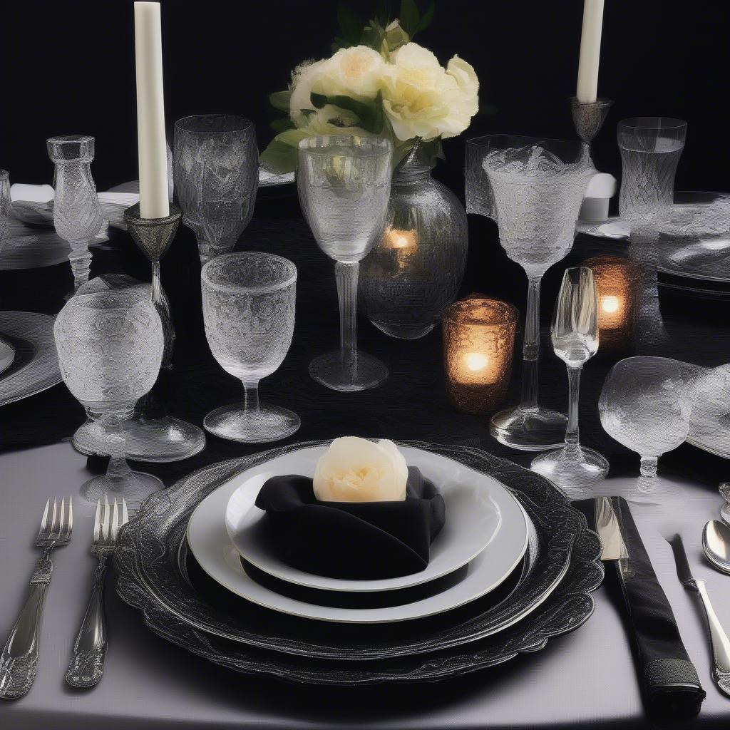 A beautifully set table with a black jacquard tablecloth