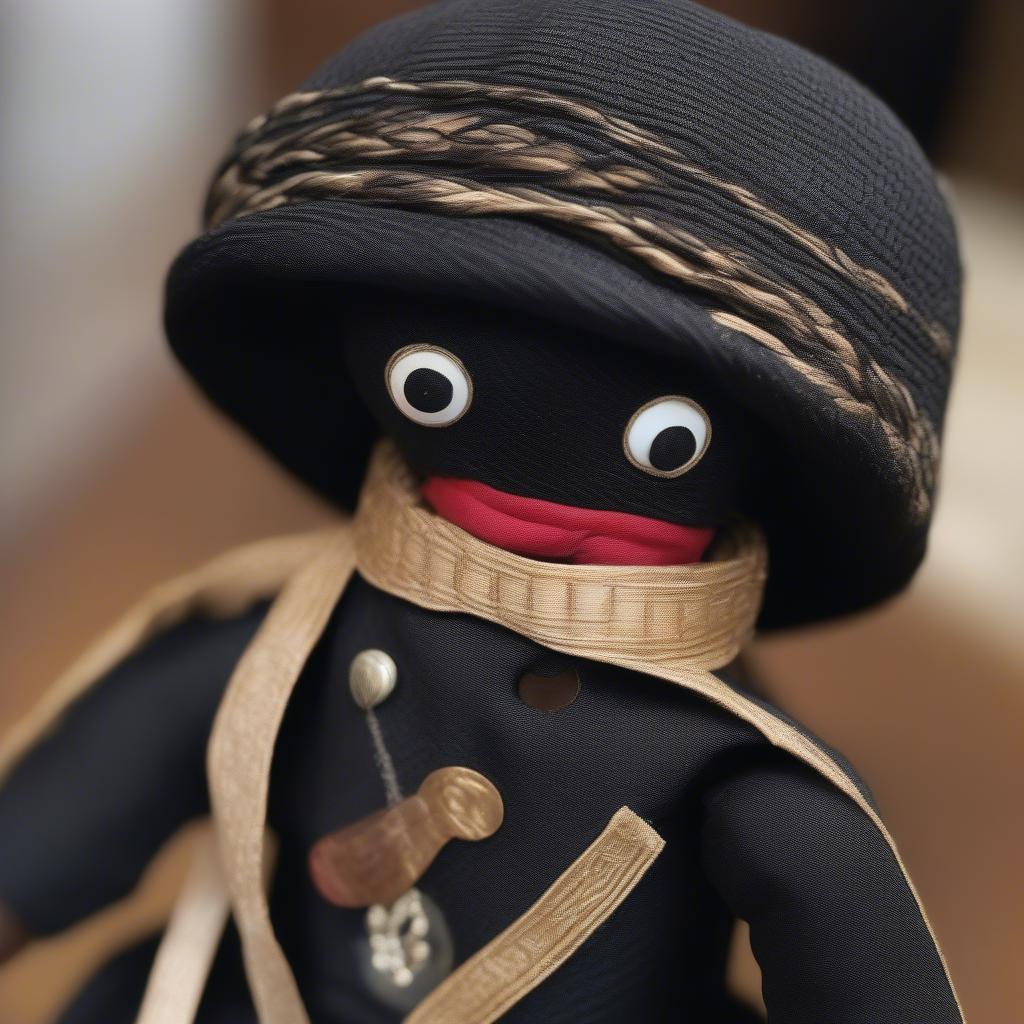 Close up of a black male rag doll's intricate basket weave hat, showcasing the detailed craftsmanship and natural materials.