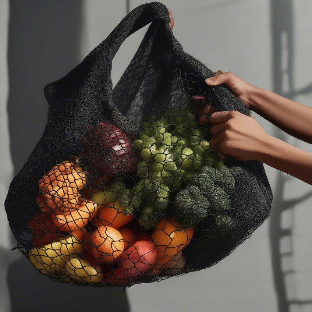 A person using a black woven net bag for grocery shopping.