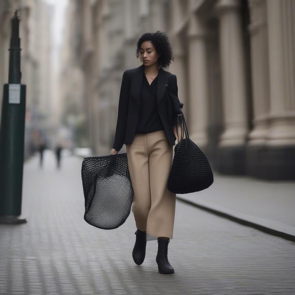 A fashionably dressed person carrying a black woven net bag in a city setting.