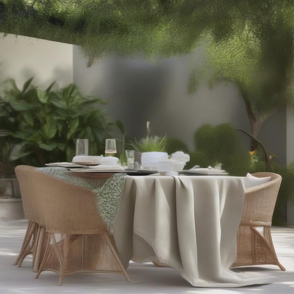 A Blair Home weave tablecloth used in a casual outdoor setting.