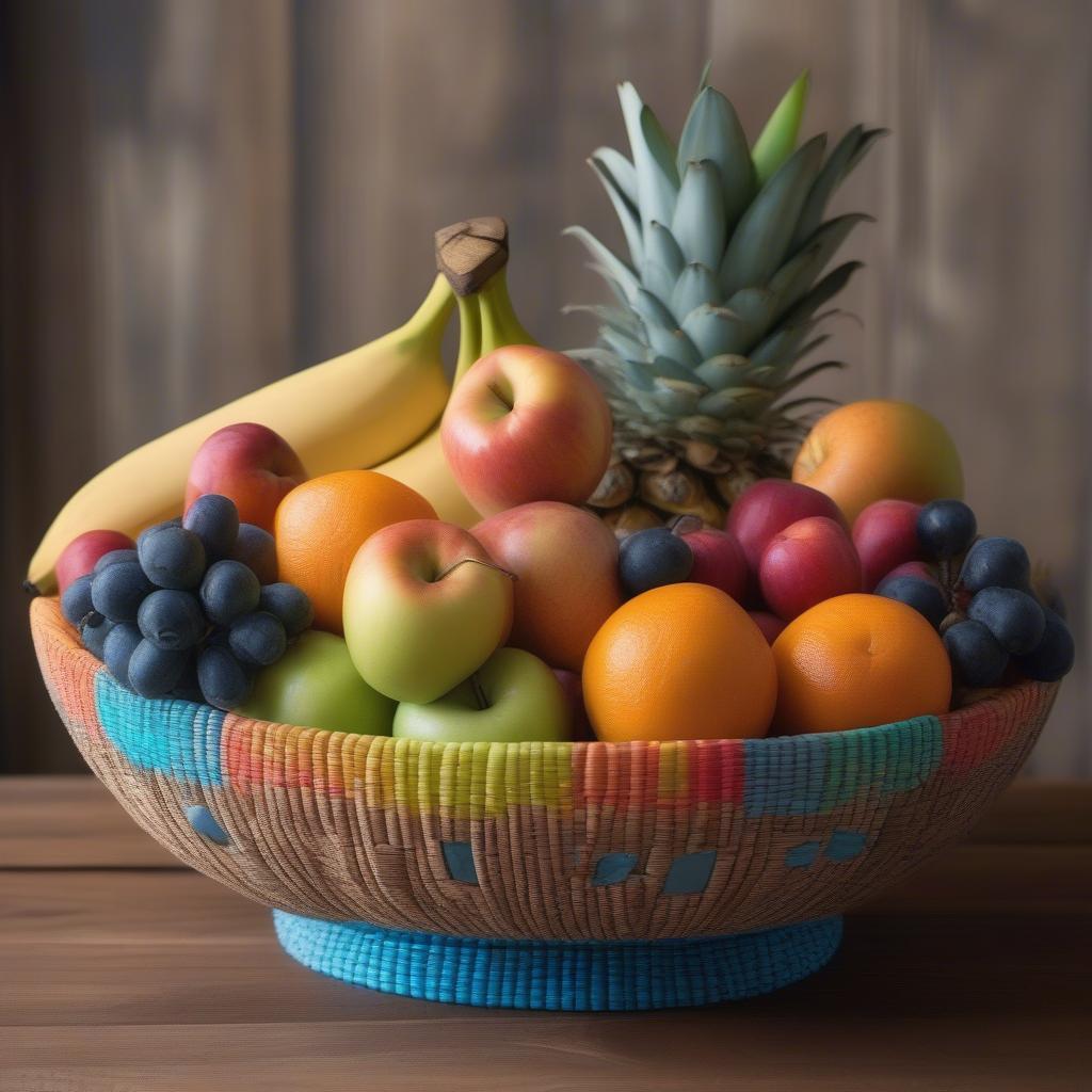 Blue Fruit Bowl with Wicker Basket Weave Base