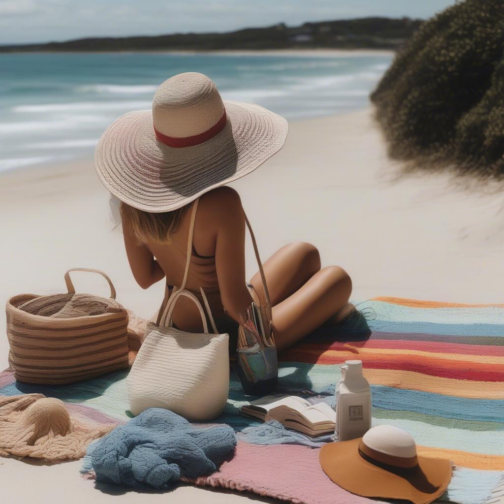 Woman relaxing on Bondi Beach with her bondi beach bag and crochet weave floppy hat